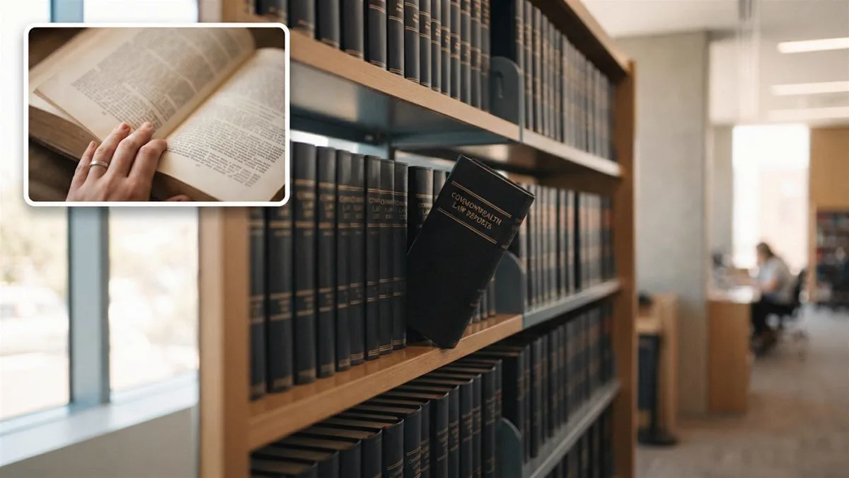 A shelf of bound law reports with one volume pulled forward